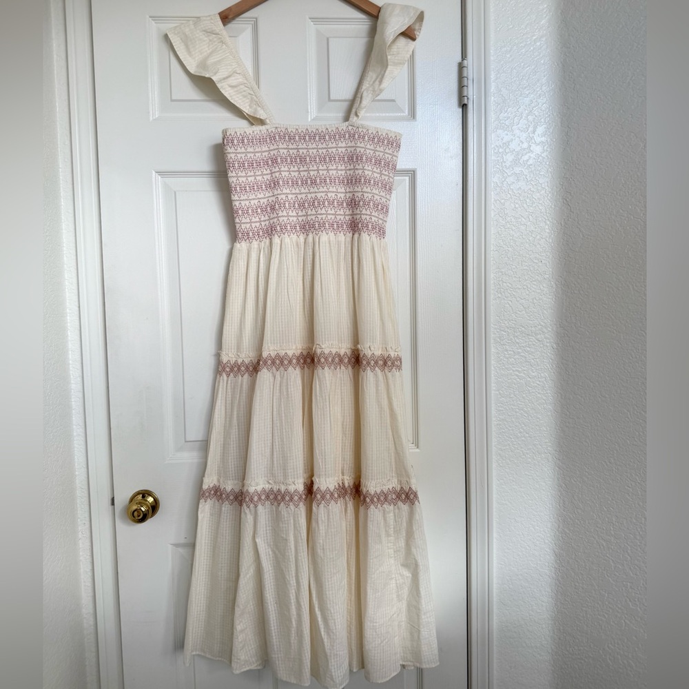 Madewell Lucie Smocked Tiered Midi Dress Small Ivory Cream Pink - Picture 9 of 9